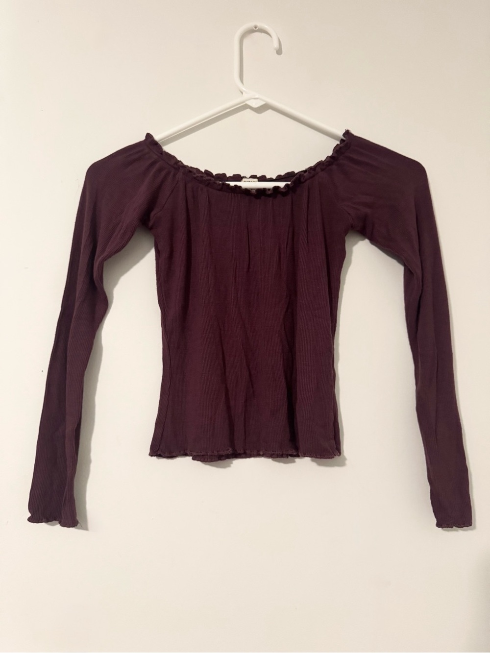 Garage Off-The-Shoulder Red Long Sleeve Ribbed Top